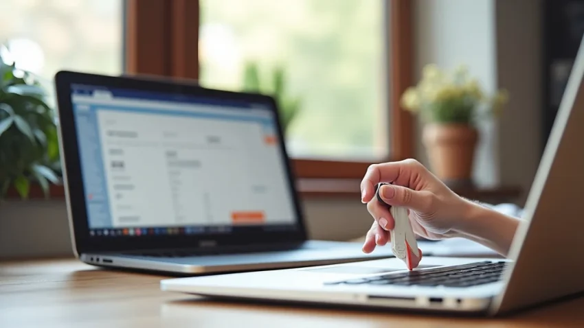 The image shows a person happily working on a laptop at a home desk, demonstrating earning money at home online.