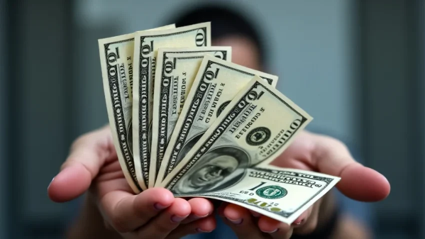 The image shows a person successfully receiving money quickly through online work.