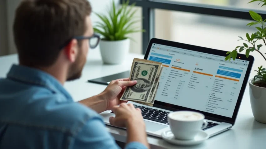 The image shows a person working on a laptop, illustrating simple ways to make money online from home.